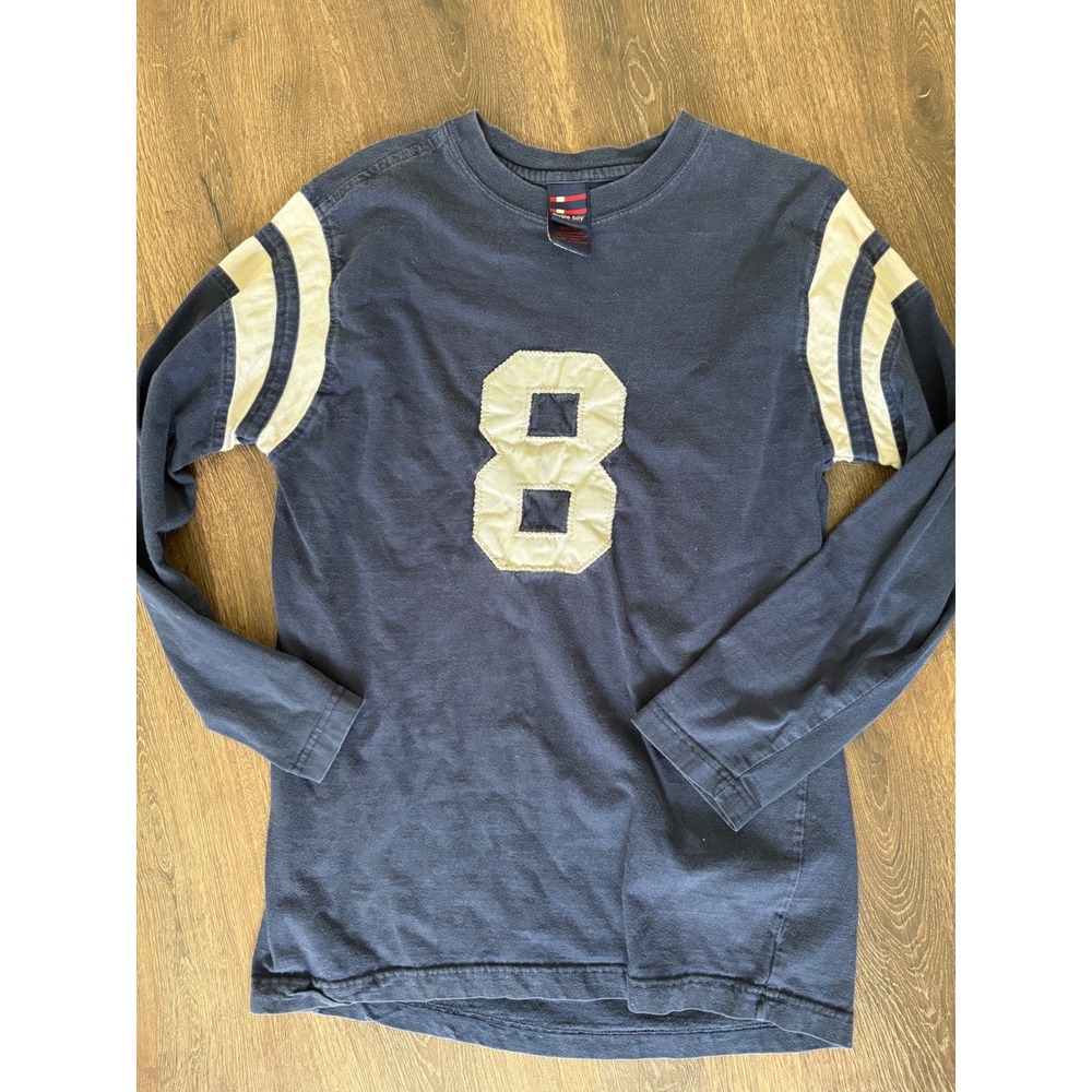 Vintage Bugle Boy Kids Navy Blue Football Jersey Long Sleeve Shirt Size L 14/16
